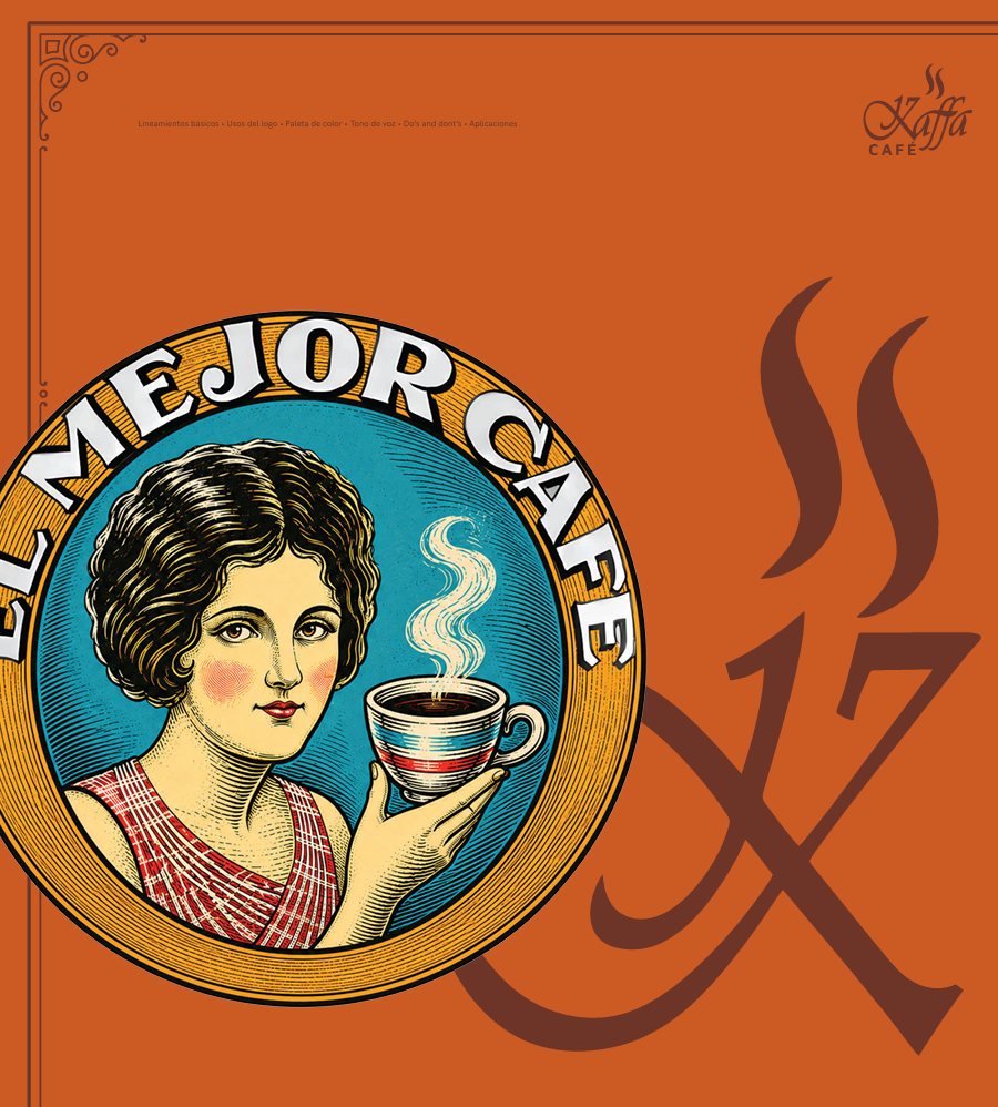 Lámina de Kaffa: una mujer sosteniendo una taza, con el lema El Mejor Café