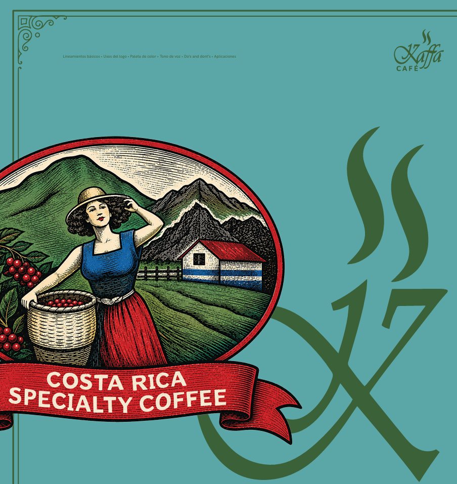 Lámina de Kaffa: una recolectora frente a la finca, con el rótulo Costa Rica Specialty Coffee