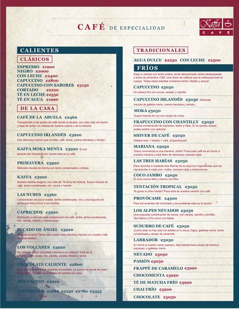 Página de café de especialidad del menú de Kaffa